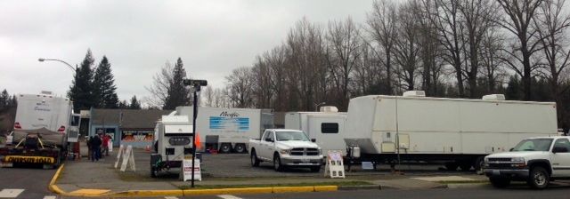 Film crew trailers in Snoqualmie King Street parking lot, 2/12/13