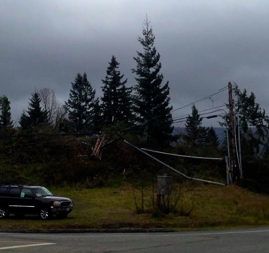 Power pole and lines down at corner of of SE 96th Ave and Snoqualmie Parkway, 11/2/13.