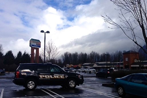 Police vehicles monitor Mountain Valley Shopping Center where Sunday's assault occurred.