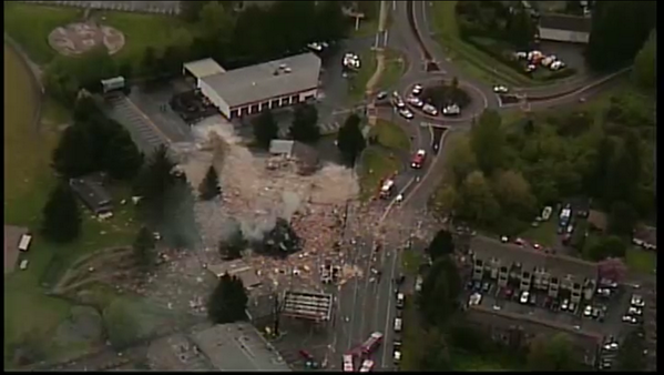Aeirial shot of explosion destruction from Kiro 7 New helicopter, 4/25/14. Photo: Kiro 7 Twitter feed.