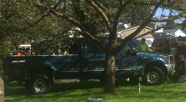 Truck recovered from Snoqualmie River in Fall City, 4/28/14. Photo: Tonya Guinn