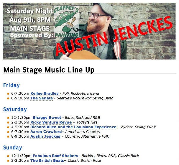 All of the musical acts that will be taking place this weekend.