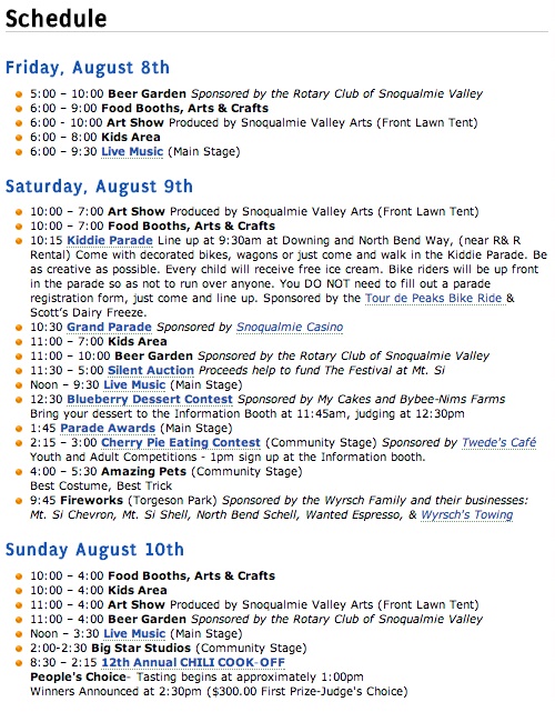 The full schedule of this weekend's events for the Festival at Mount Si.