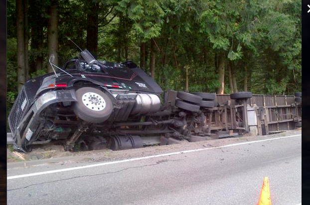 Tipped semi and trailer on WB SR 18 near Tiger Mountain, 9/8/14. Pic: WSP Twitter