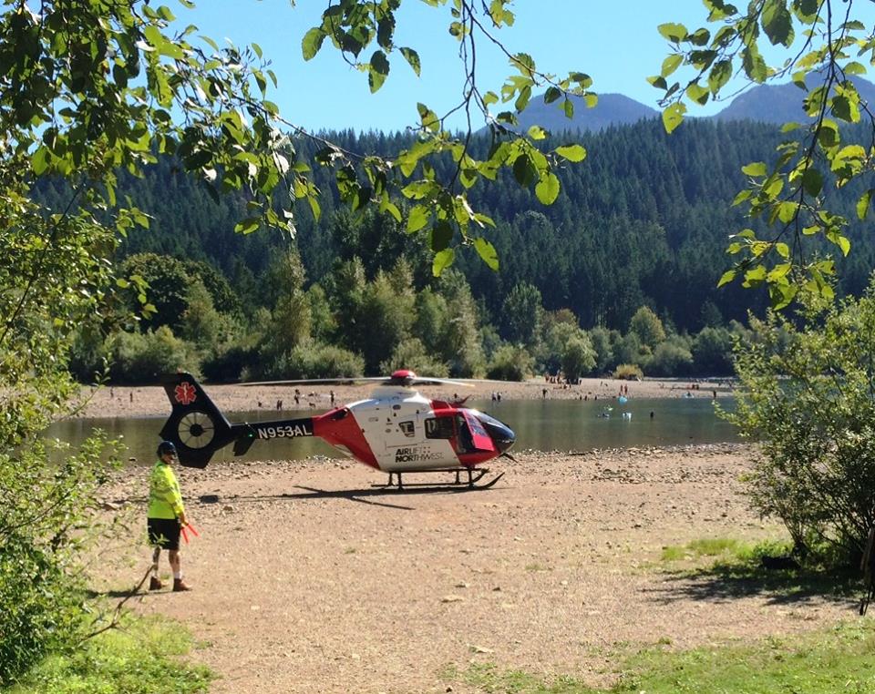 Emergency helicopter transportation at Rattlesnake Lake.