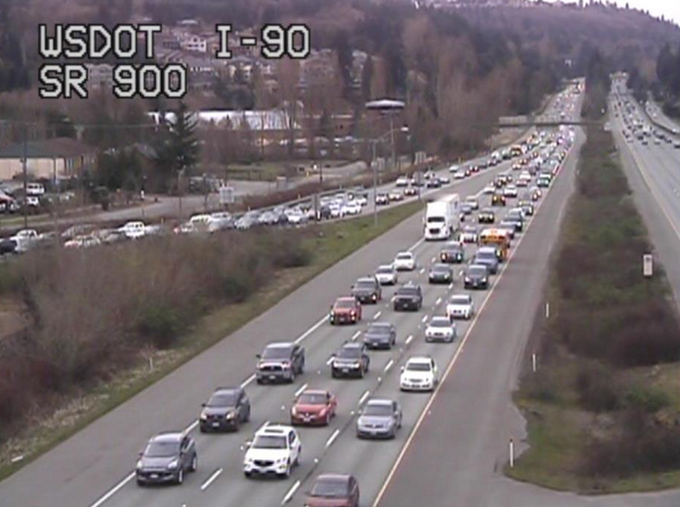 3.13/15: The back up on I-90 eastbound due to a lane closure at Front Street extended back to the SR 900 exit as of 4PM