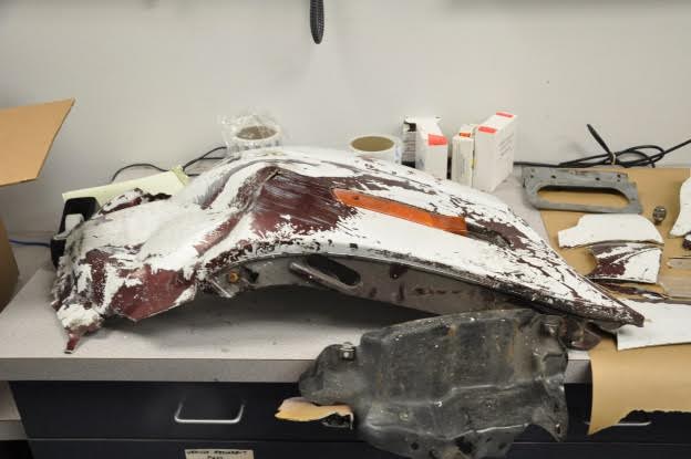 Bumper from suspect vehicle recovered from scene of the June 2nd hit and run collision at the SR 18/I-90 interchange involving a WSP patrol truck