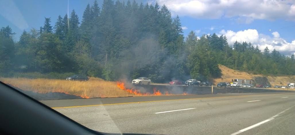 Fire burns in the I-90 median near Snoqualmie, 7/12/15. Photo: Rachel Harris