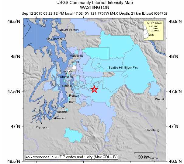 Earthquake report for USGS, centered under Snoqualmie on 9/12/15. Photo: USGS website screnshot