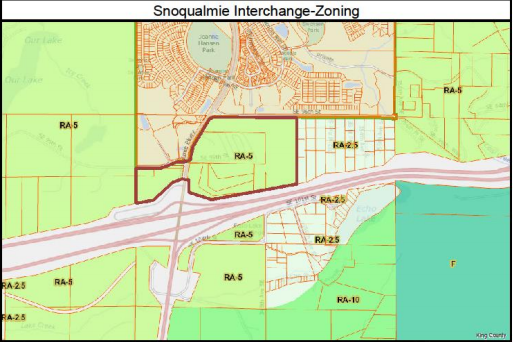 Snoqualmie land (outlined in red) studied for UGA expansion near the 90/18 interchange.
