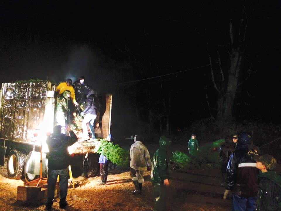 Snoqualmie Valley Venturing Crew members loading Christmas trees into truck and away from possible overnight flood waters.
