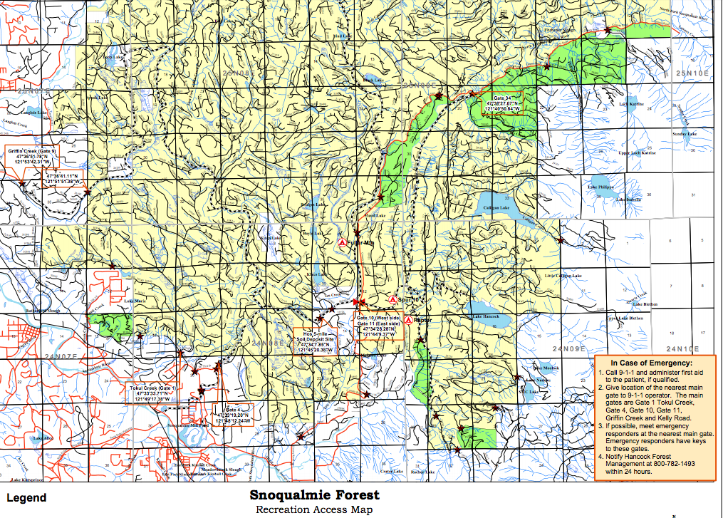 Southern portion of the Snoqualmie Forest Recreation Map from Hancock Forest Management website.