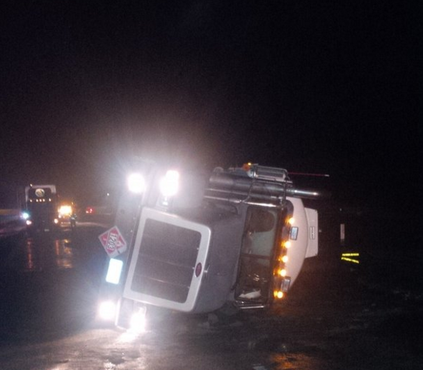 Tanker truck on its side near Snoqualmie Pass, 12/4/15. Photo: WSP Twitter feed.