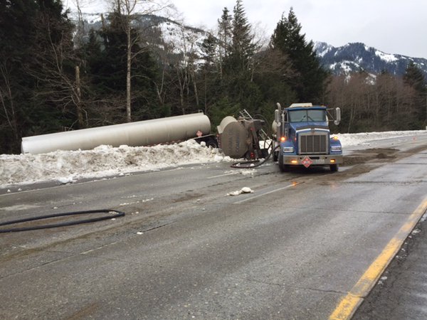 Overturned tanker truck on eastbound I-90 near North Bend, 1/12/16. Photo: WSDOT.