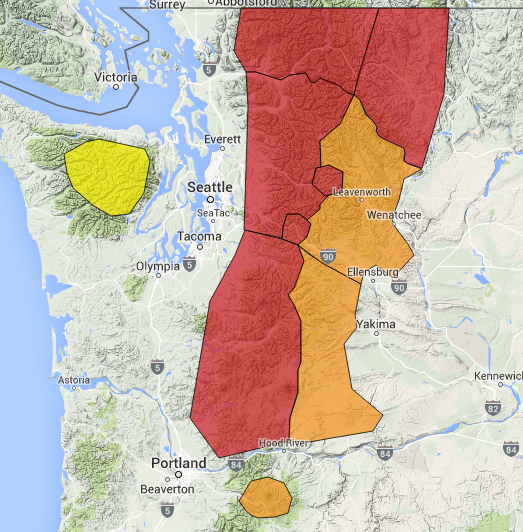 Northwest Avalanche Center says avalanche danger is high in all mountain passes, 1/21/16