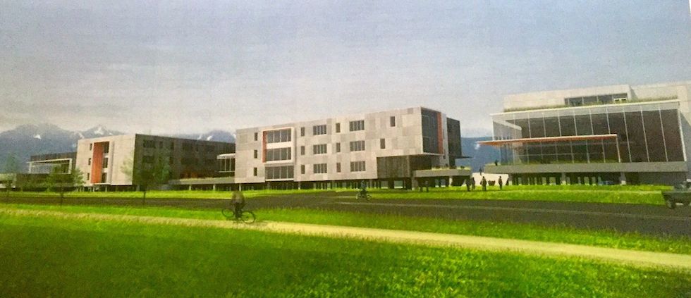 Schematic of MSHS along Meadowbrook Way. Left is 3-story classroom building with Freshman Campus building to the right, with its own drop-off and entry.