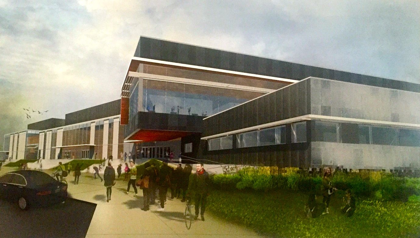 Schematic design of front entrance of new MSHS. On right is administration area with media/library above.