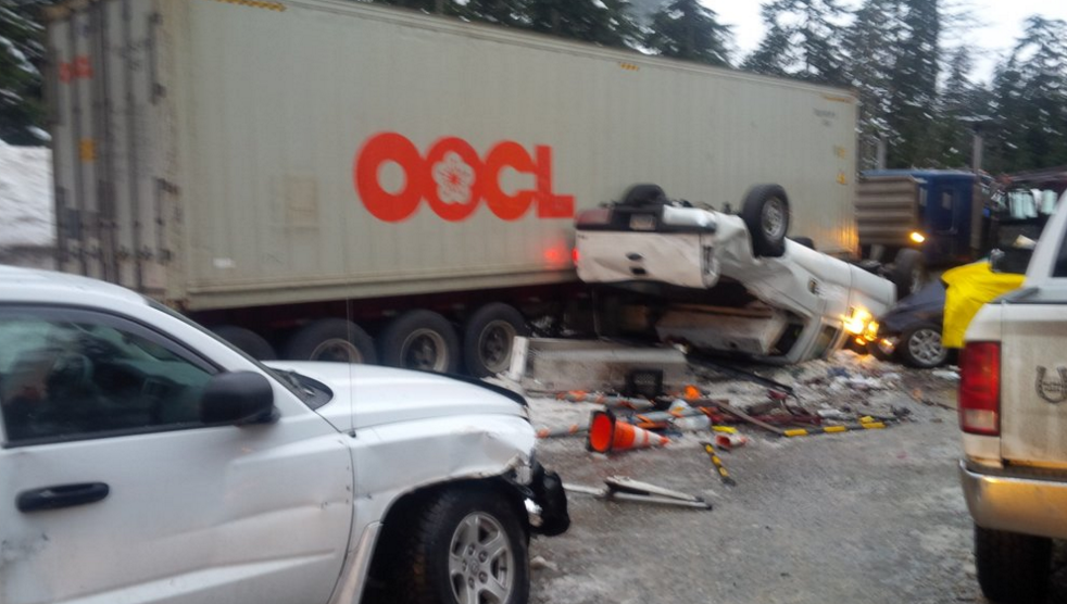 Accident scene on WB 90 near Snoqualmie Pass, 2/5/16. Photo: Washington State Patrol