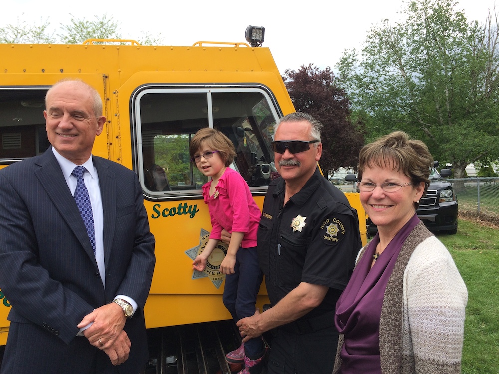 Elena with 'Scotty' the snowcat, with Sheriff Urquhart and King County Councilwoman Kathy Lambert