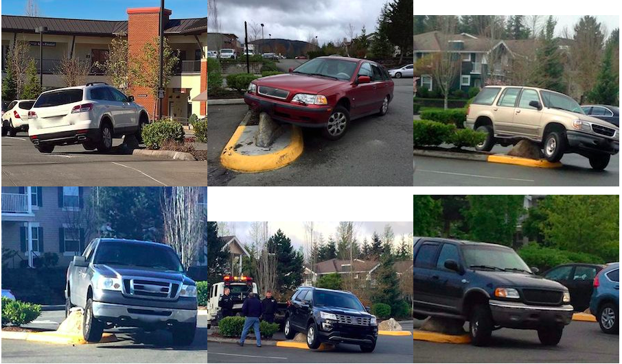 Collage of vehicles high-centered on the parking lot Kinsey Street entrance.