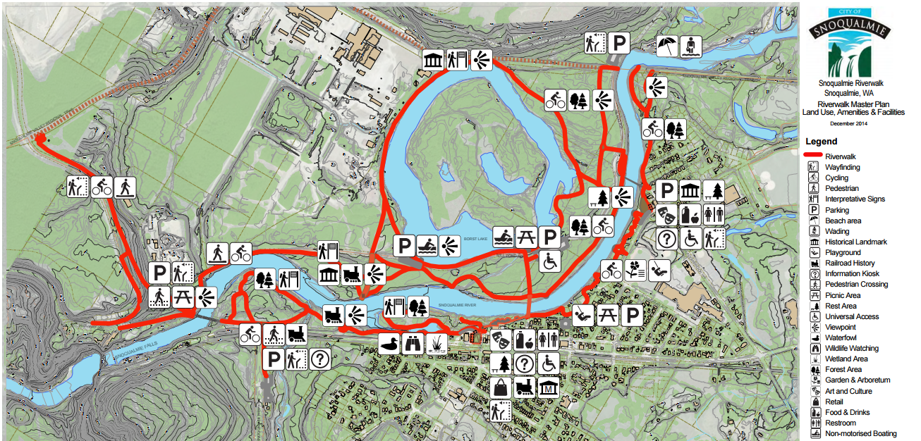 The Riverwalk trail system would connect all areas of the Snoqualmie River as it runs through Snoqualmie.