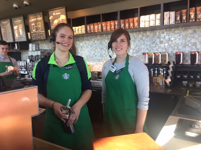 Snoqualmie Starbucks employees sporting new headsets as location pilots new Curbside Pickup service.